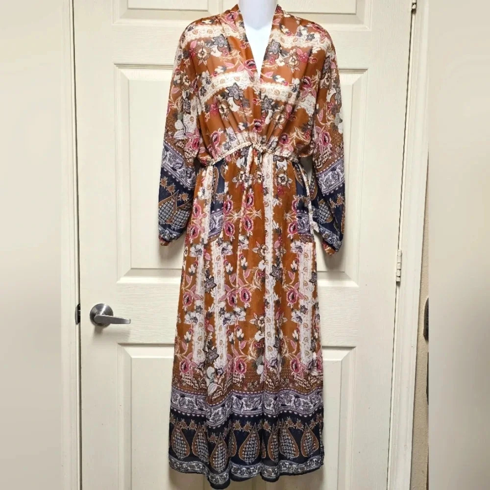 Umgee Boho Kimono Wrap Sheer Maxi Duster Dress Mixed Floral Print Size S EUC